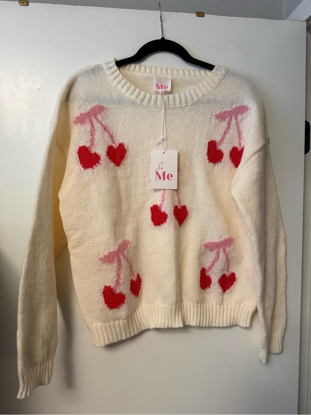 So Me Cream Sweater with Pink Stems and Red Cherry Hearts